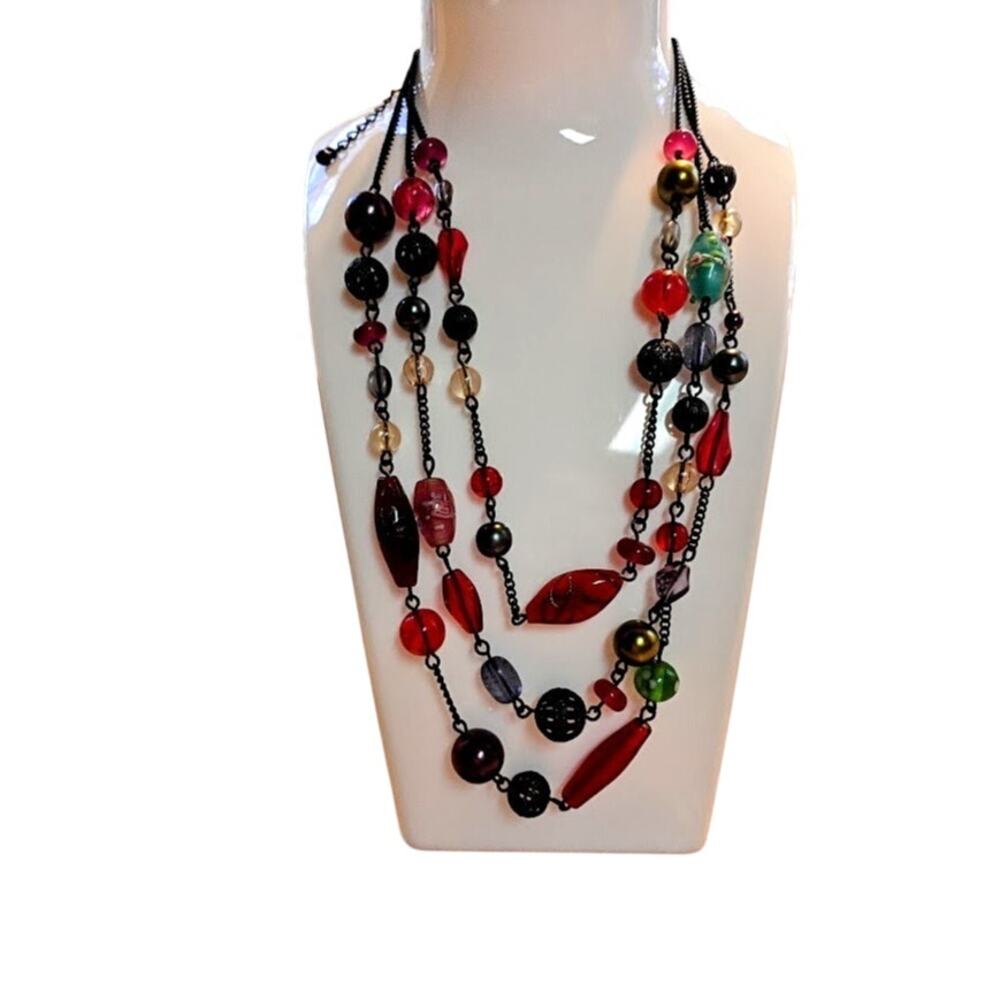 Vintage Avon Necklace 3-strands Multi-Color Beads Black Tone Cable Chain 20"